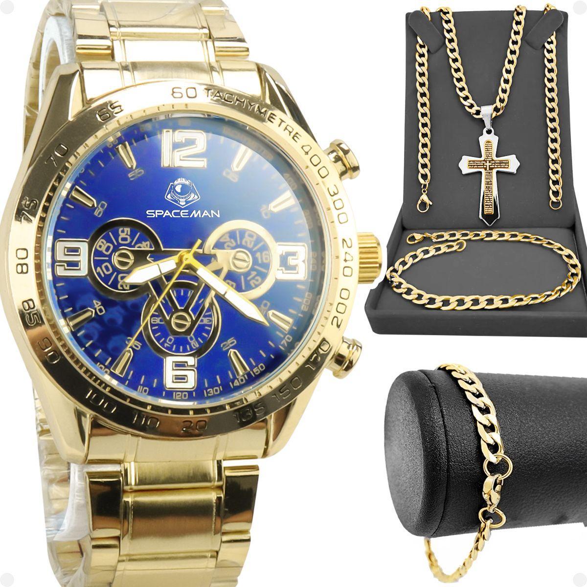 Miniatura Relogio Masculino Dourado Prova Dagua + Crucifixo + Pulseira