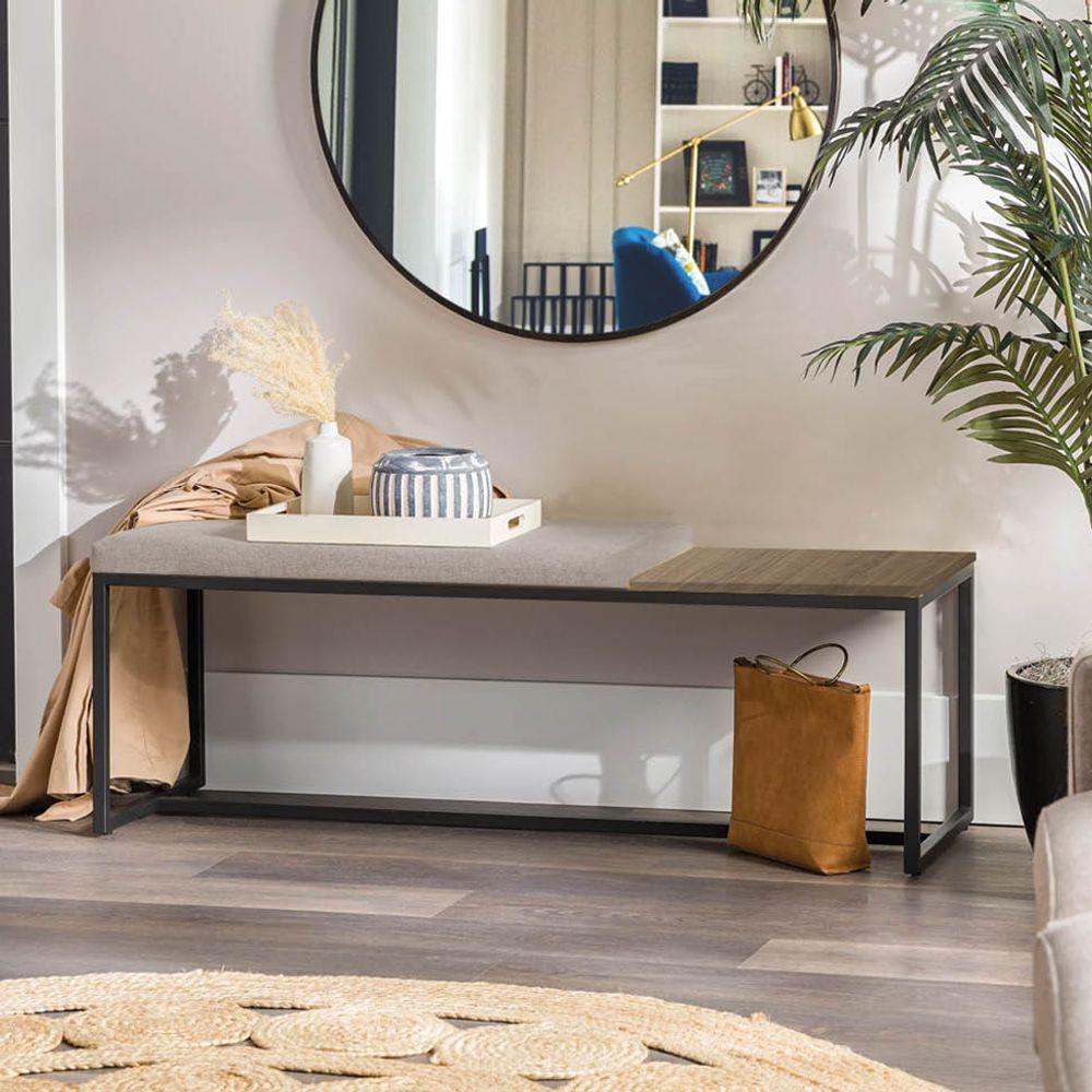 Miniatura Banco Recamier Puff London 195cm Industrial Preto Sintético Bege Tampo Quadrado Mdf Marmorizado