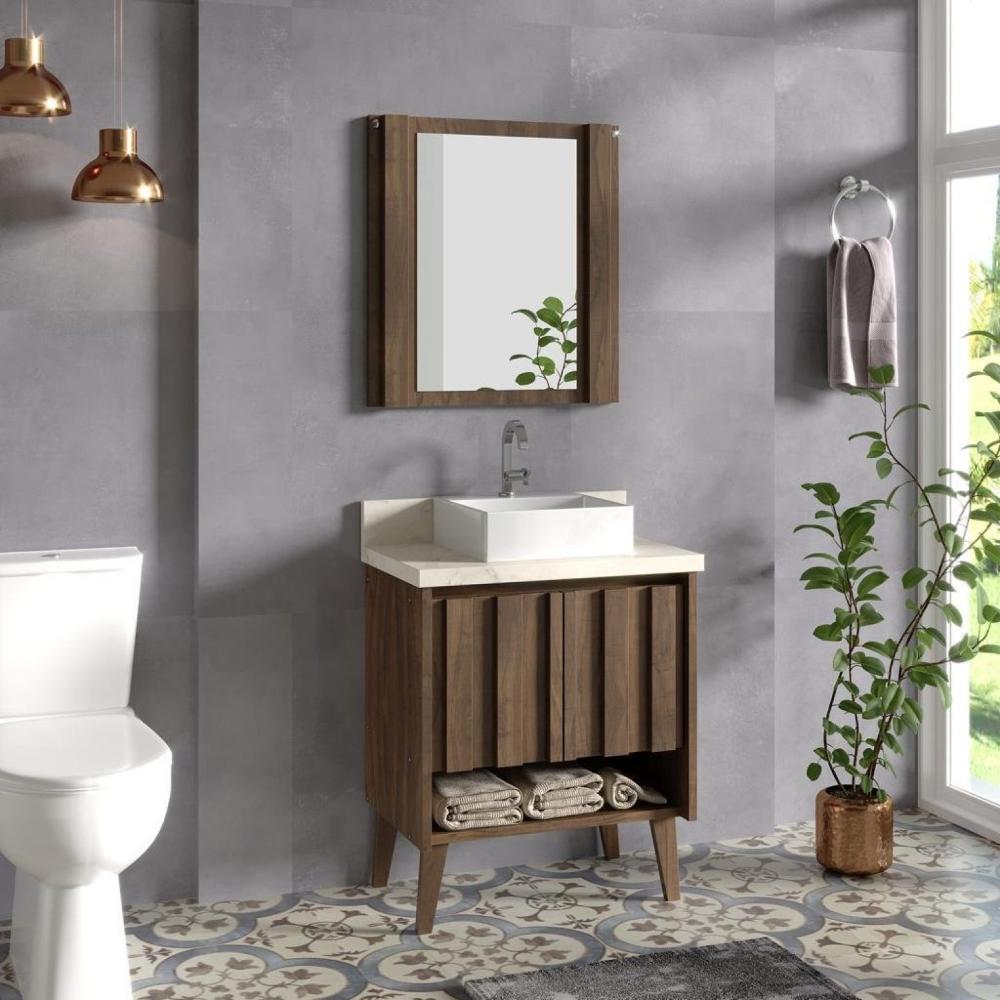 Miniatura Gabinete para Banheiro 62cm com Cuba em Marmorite e Espelheira Ameixa/Atenna