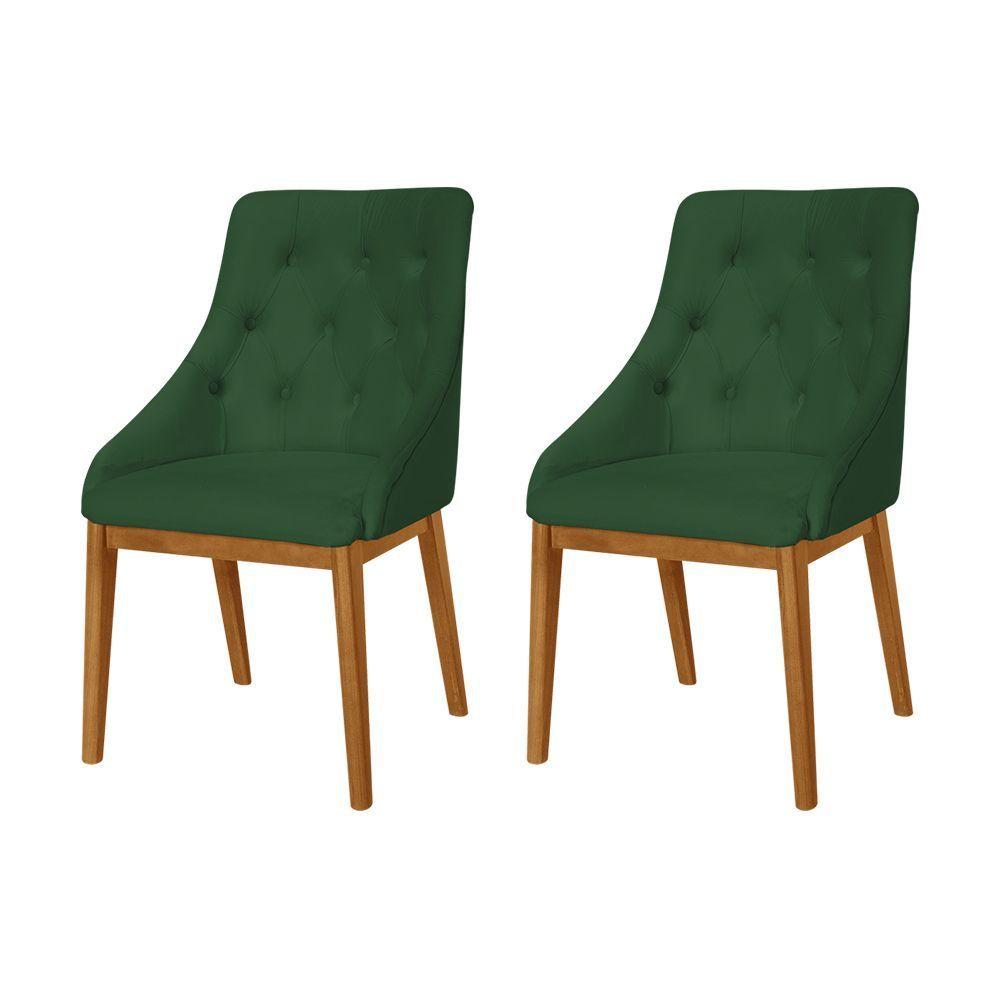 Miniatura Kit 2 Cadeiras De Jantar Estofada Anatômica Capitonê Veludo Verde Base Madeira Maciça Mel Verde