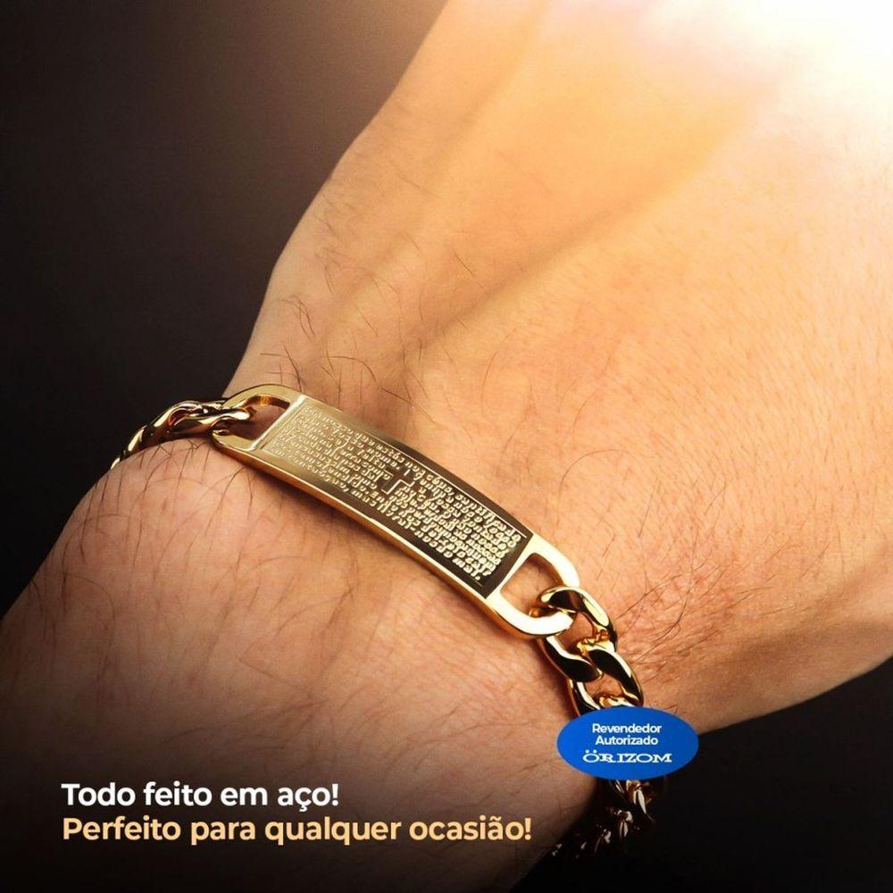 Miniatura Pulseira Masculina Oração Pai Nosso Aço Banhada Ouro Original Catolica Moda Masculina Social Casual