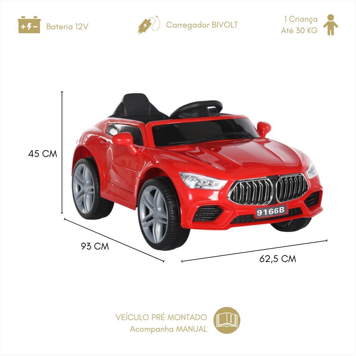 Carro Elétrico Infantil 12V Vermelho Cabo Auxiliar Usb Farol
