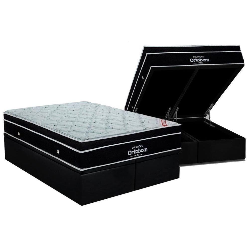 Miniatura Cama Box Baú Queen: Colchão Molas Ensacadas Ortobom Superpocket Elegant + Base Black(158X198)