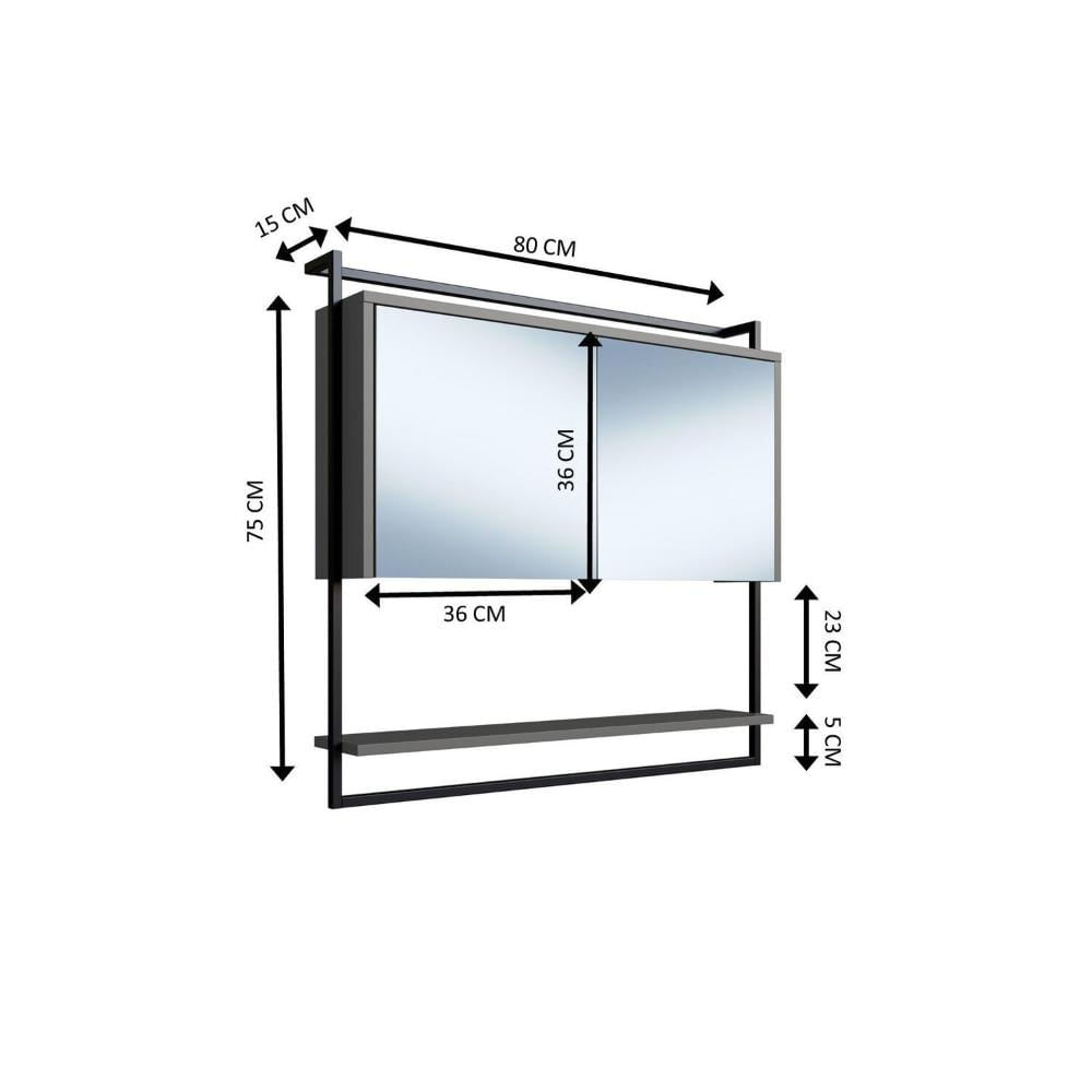 Miniatura Armário Espelheira para Banheiro 80cm com 1 Prateleira Externa e Toalheiro Estilo Industrial P1043 Preto/Grafite