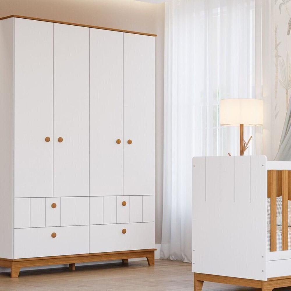 Conjunto Quarto de Bebê 1 Berço 1 Cômoda 6 Gavetas 1 Guarda Roupas 4 Portas 4 Gavetas Chantilly Branco/Nature