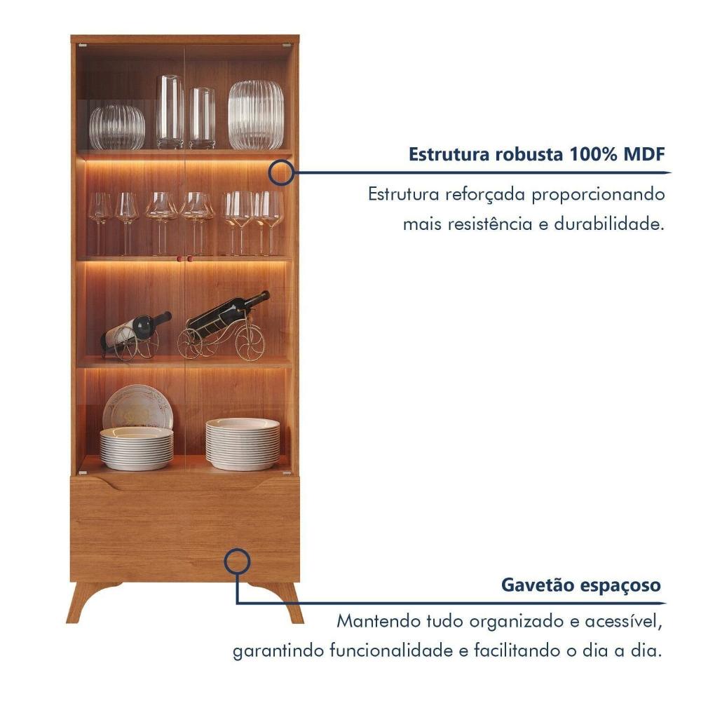 Cristaleira 2 Portas 1 Gaveta 3 Prateleiras com Led Pés em Madeira Maciça Grecia New Naturalle