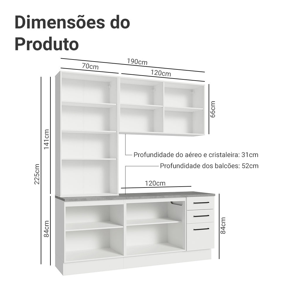 Armário de Cozinha Completa 190cm com Cristaleira Branco Agata Madesa 01 Cor:Branco