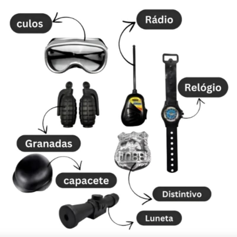 Miniatura Kit Policial Infantil Com Colete E Brinquedos Interativos