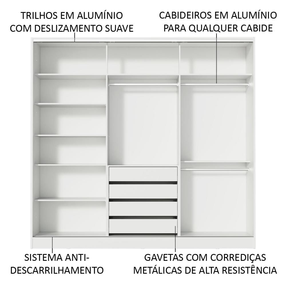 Miniatura Guarda Roupa Juvenil 100% MDF Madesa Kevin 3 Portas de Correr com Espelhos - Branco/Rustic Branco/Rustic