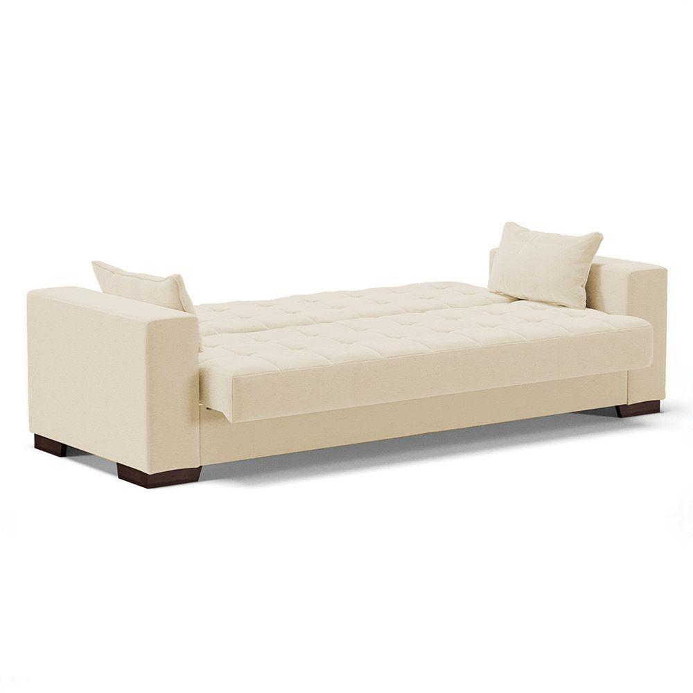 Sofá Cama 02 Lugares Linho Bege Pés De Madeira