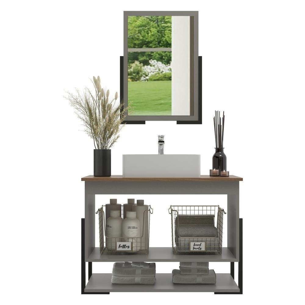 Miniatura Gabinete Banheiro 60cm 2 Portas Com Cuba E Espelheira Multimóveis Cr10106 Cimento/noce Cimento/noce