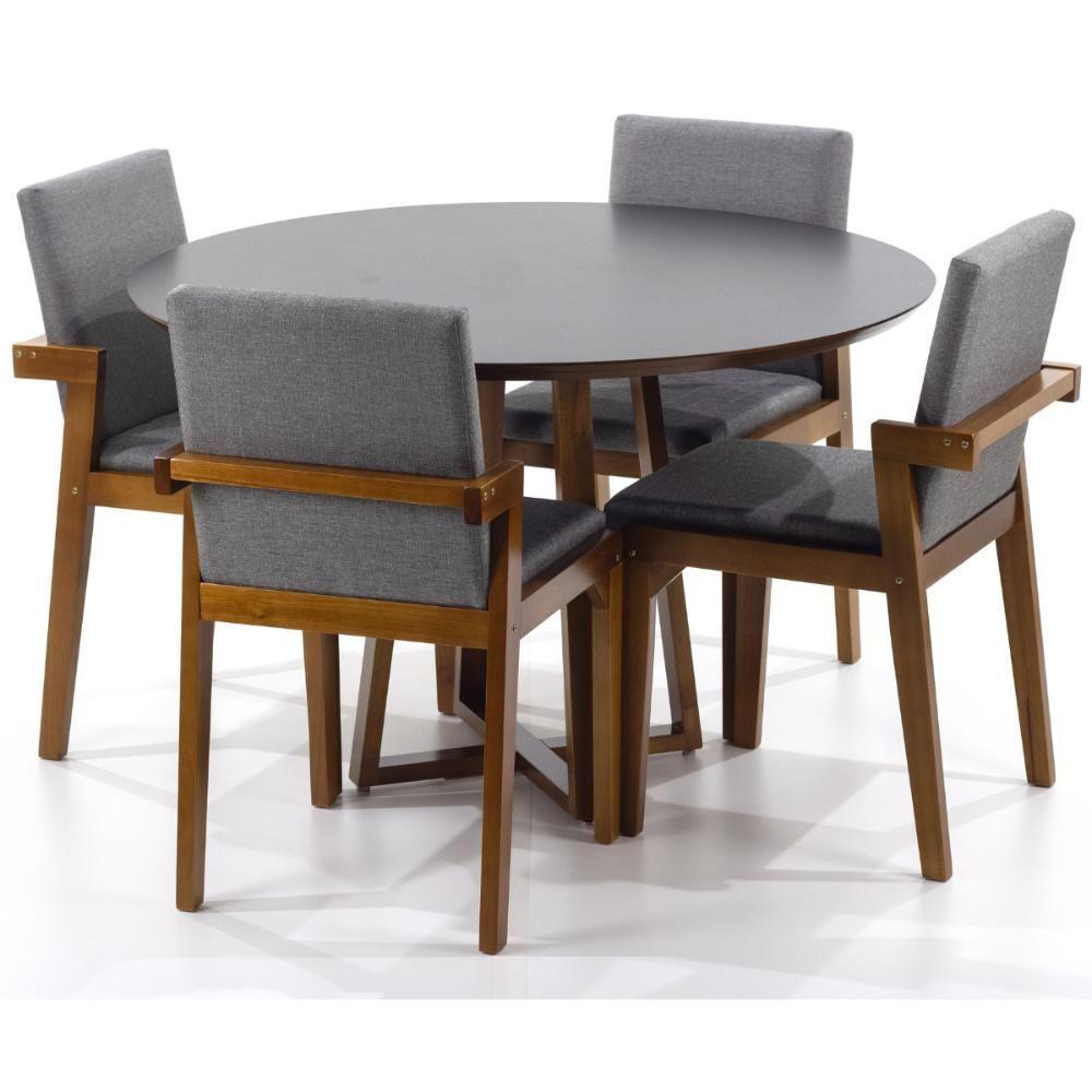 Miniatura Conjunto Mesa De Jantar Redonda Preta Lara Premium 100cm Com 4 Cadeiras Estofadas Isabela - Cinza