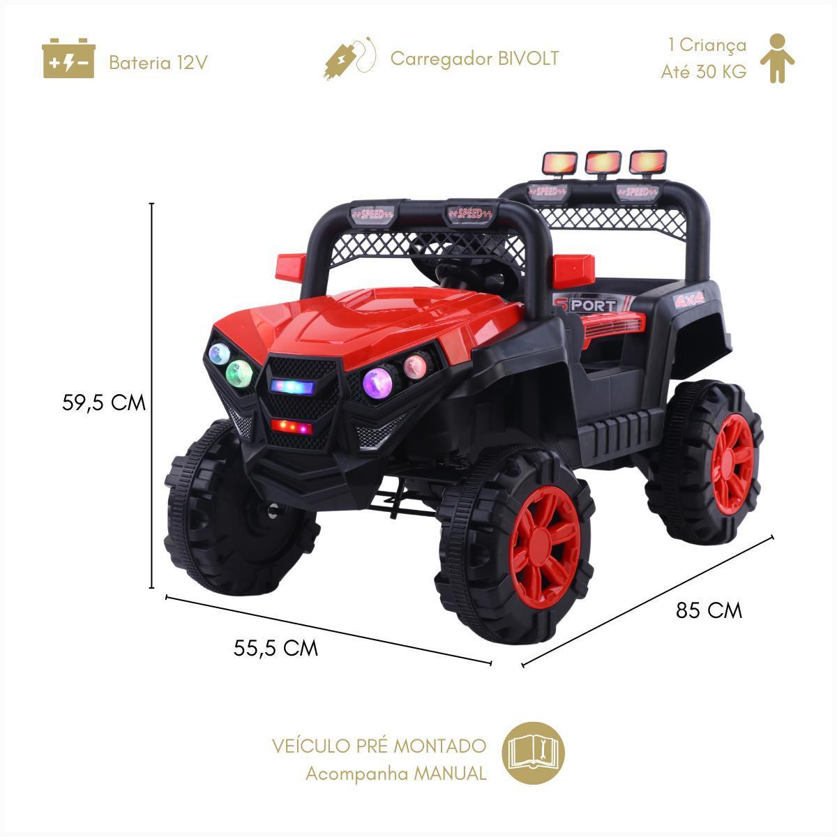Carrinho Elétrico 12V Utv Vermelho Usb Faróis Led Potente