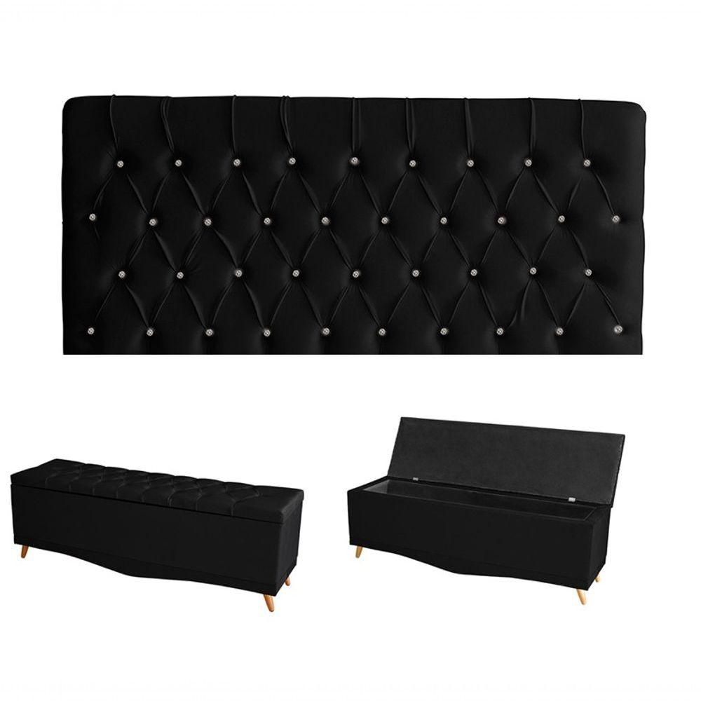 Miniatura Kit Estrela Cabeceira De Cama Painel E Calçadeira Baú Botão Cristal Casal 140 Cm Suede Preto Do Lar Móveis E Decoração