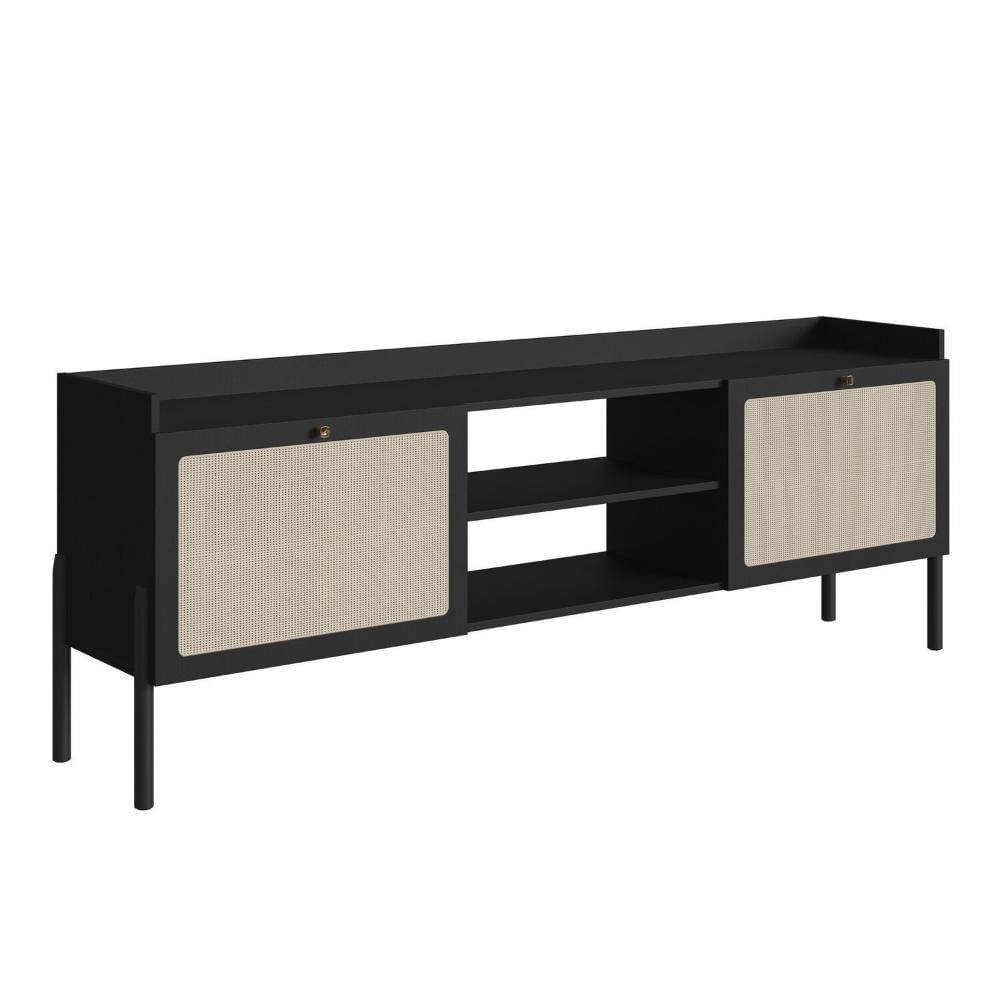 Miniatura Rack para TV até 65 Polegadas 2 Portas 183cm Palhinha Pé Madeira Oslo Nero/Preto