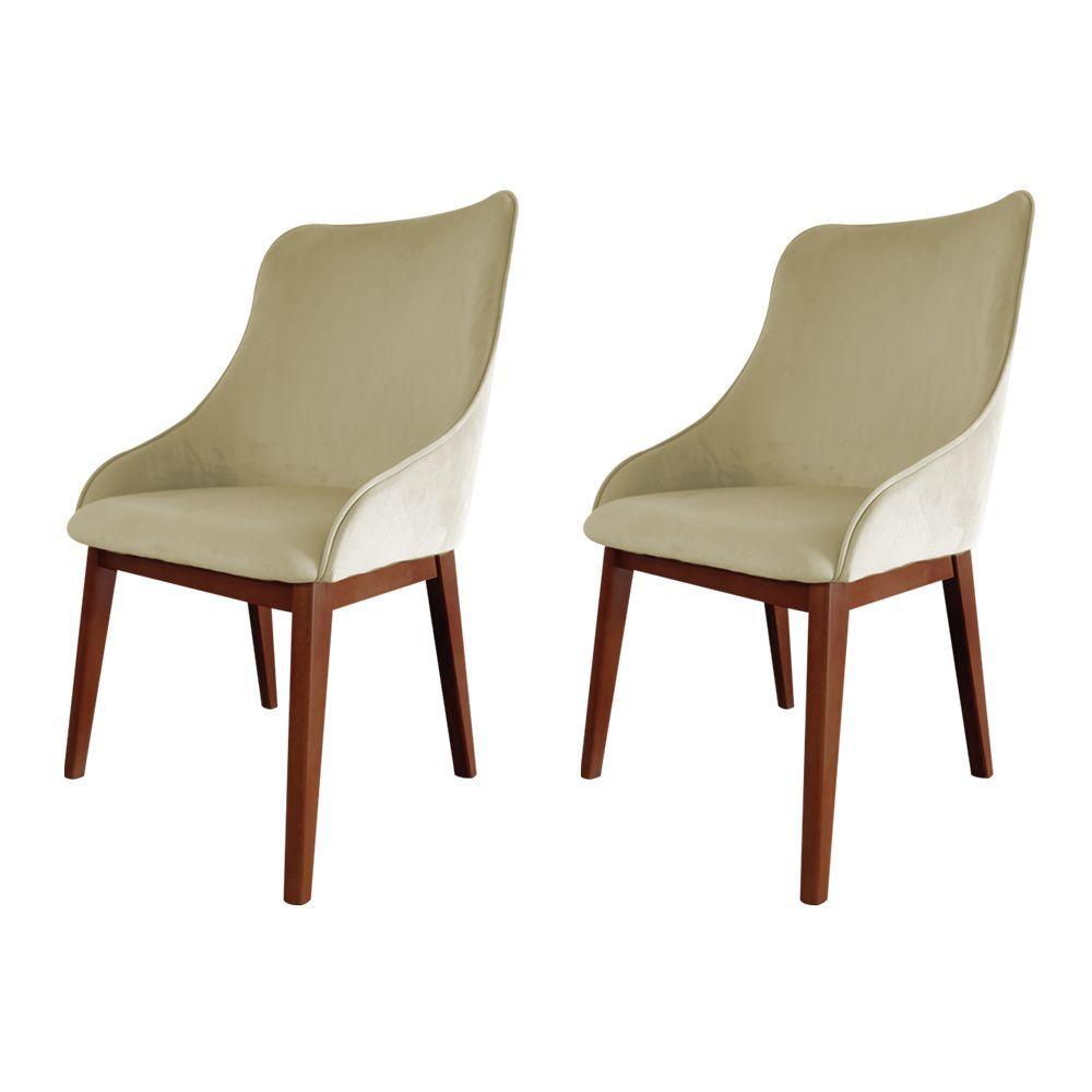 Miniatura Kit 2 Cadeiras De Jantar Elisa Nobre Estofada Liso Veludo Bege Base Madeira Maciça Imbuia