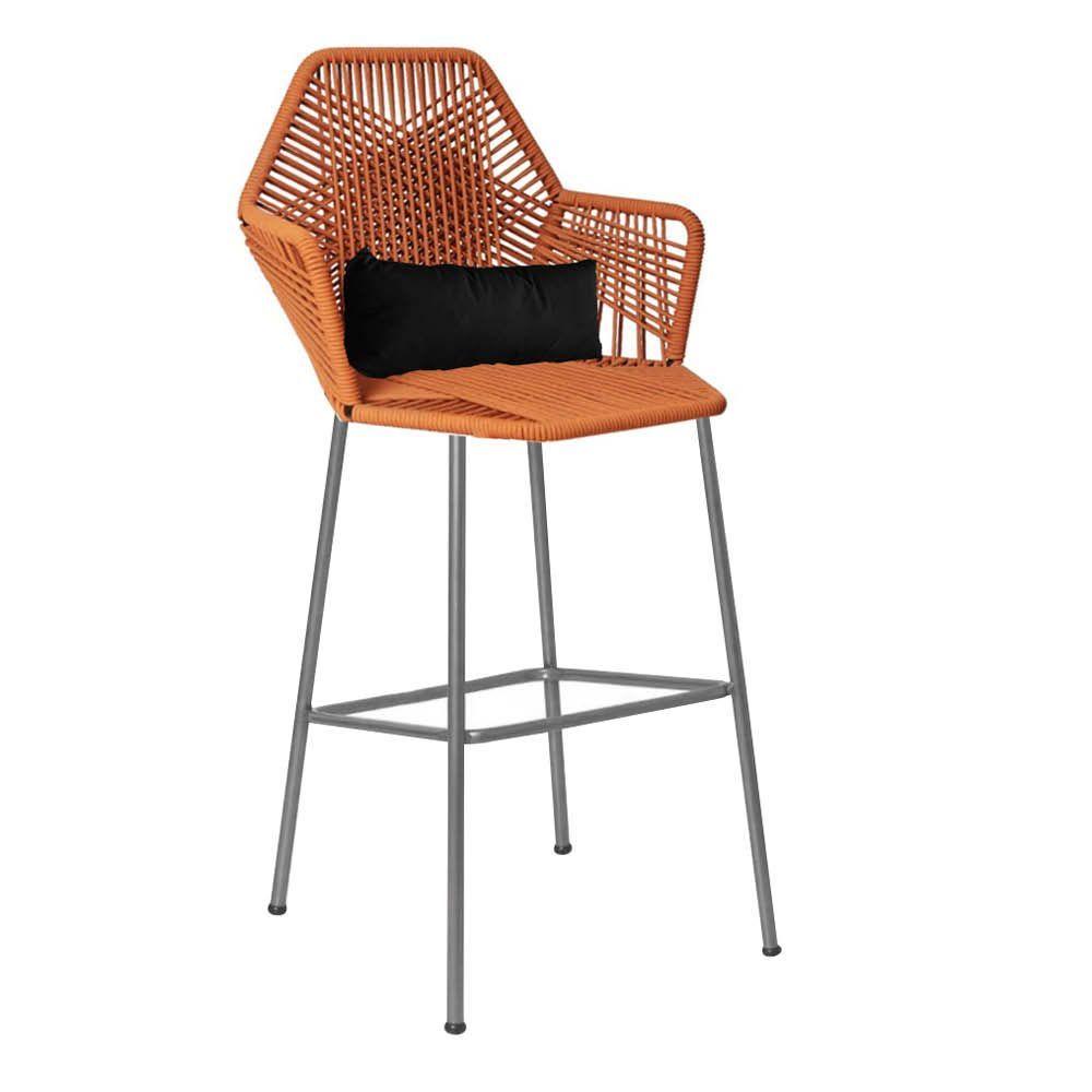 Miniatura Banqueta Alta Com Encosto Ferro Prata Fibra Terracota Almofada Preto