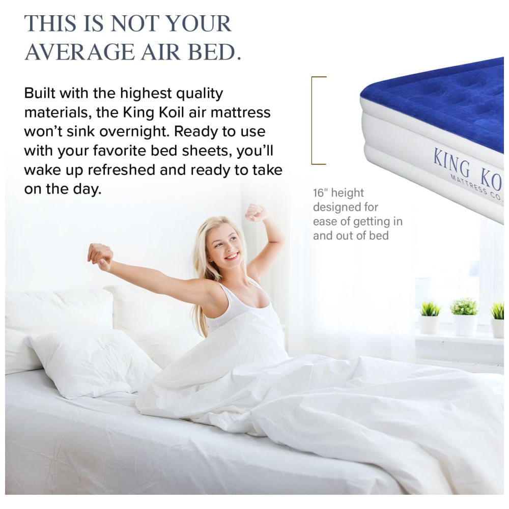 Miniatura Colchão de Ar King Koil Luxo com Pillow Top Plush Queen e Bomba Embutida de Alta Velocidade - Ideal para Casa, Camping e Hóspedes - Tamanho Queen
