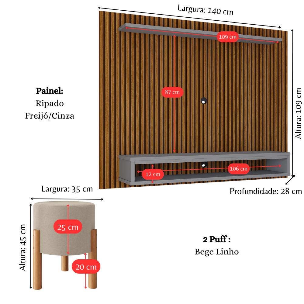 Painel Suspenso TV 48 Polegadas Nicho Nairobi Ripado Freijó/Cinza e Kit 2 Puff Banqueta Redonda Multiuso Pés Retrô Thor Bege Sala Quarto