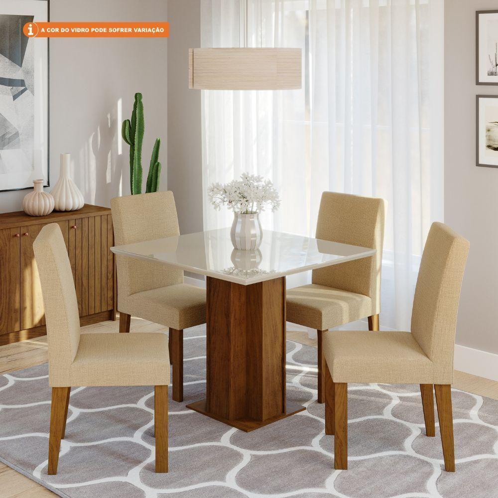 Miniatura Conjunto Sala De Jantar Sophia 95x95 Tampo Mdf/vidro 4 Cadeiras Maia Cimol Nature/off Whitegengibre