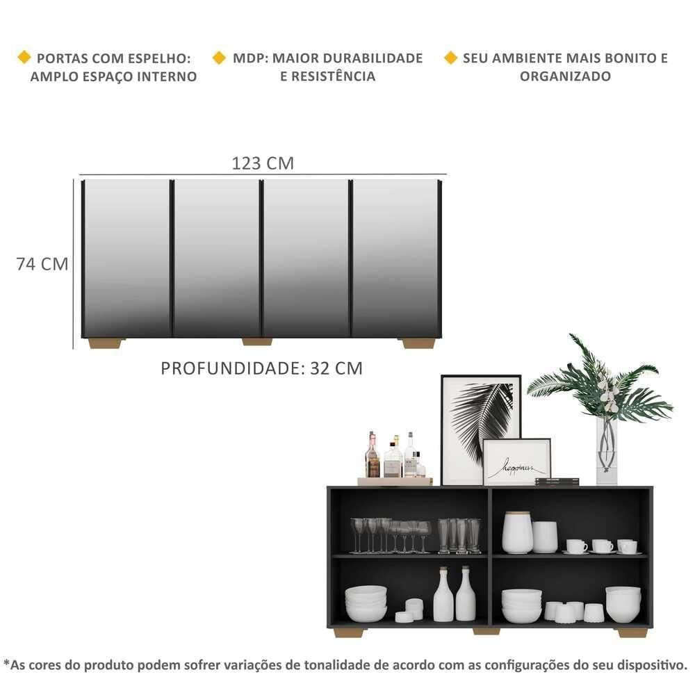 Aparador Buffet 4 Portas com Espelho e Pés Preto/natural