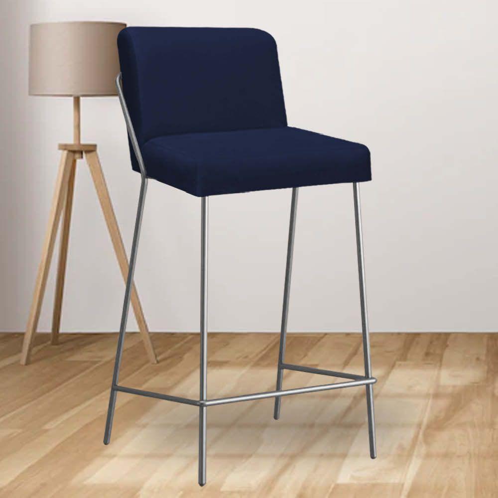 Miniatura Banqueta Alta Com Encosto Drika Industrial Cozinha Bistrô Ferro Cinza Sintético Azul Marinho
