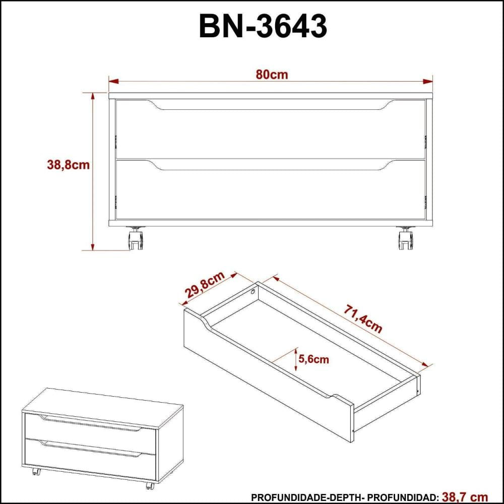 Gabinete para Banheiro com 2 Gavetas Rodízio BN3643 Amêndoa/Branco