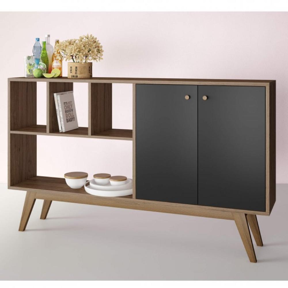 Conjunto Rack para TV até 48 Polegadas 2 Portas e Aparador  2 Portas 3 Prateleiras Mônaco  Estilare Preto/Madeirado