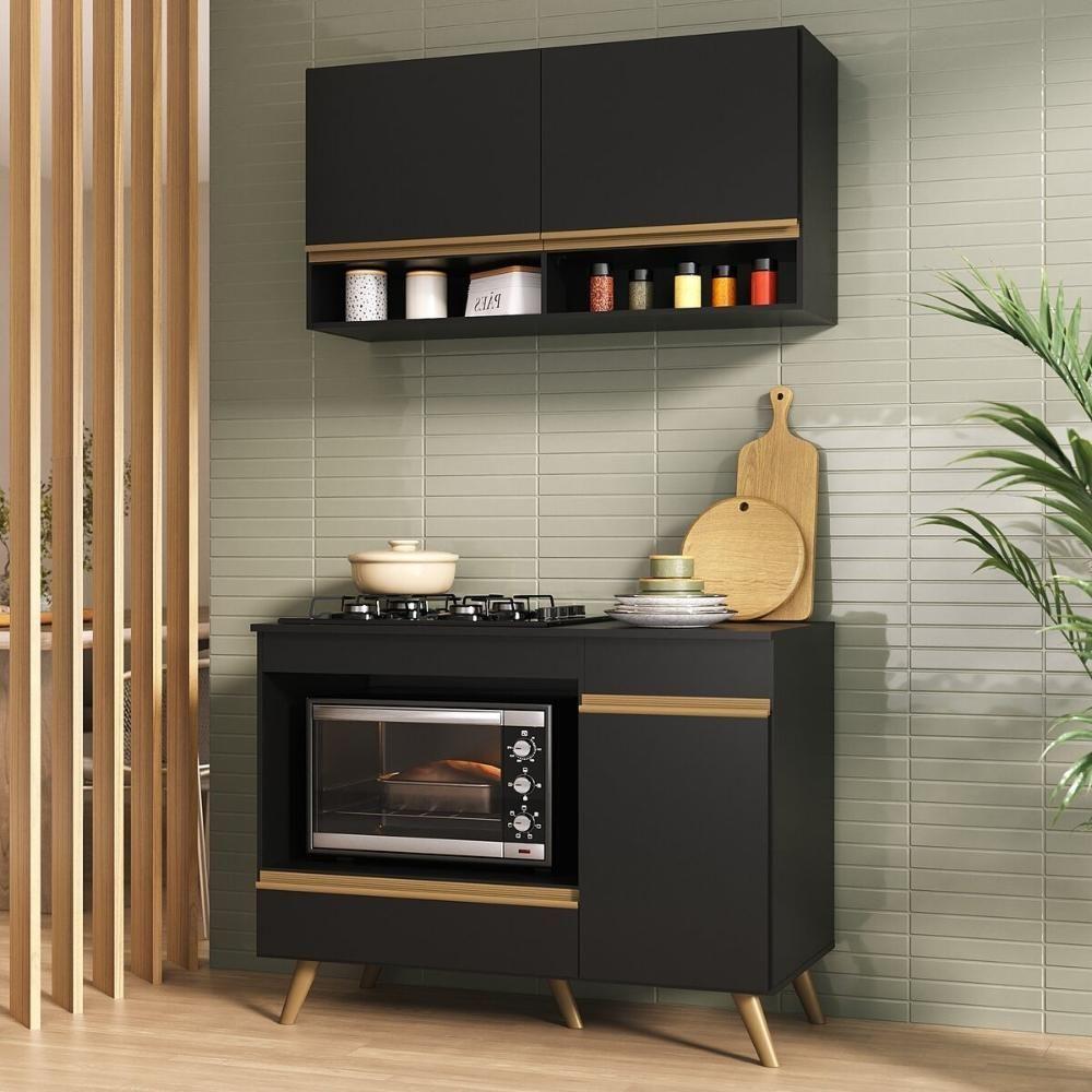 Miniatura Armário De Cozinha Modulada Compacta 105cm Com Balcão Para Cooktop Veneza Multimóveis Mp2260 Preto Dourado