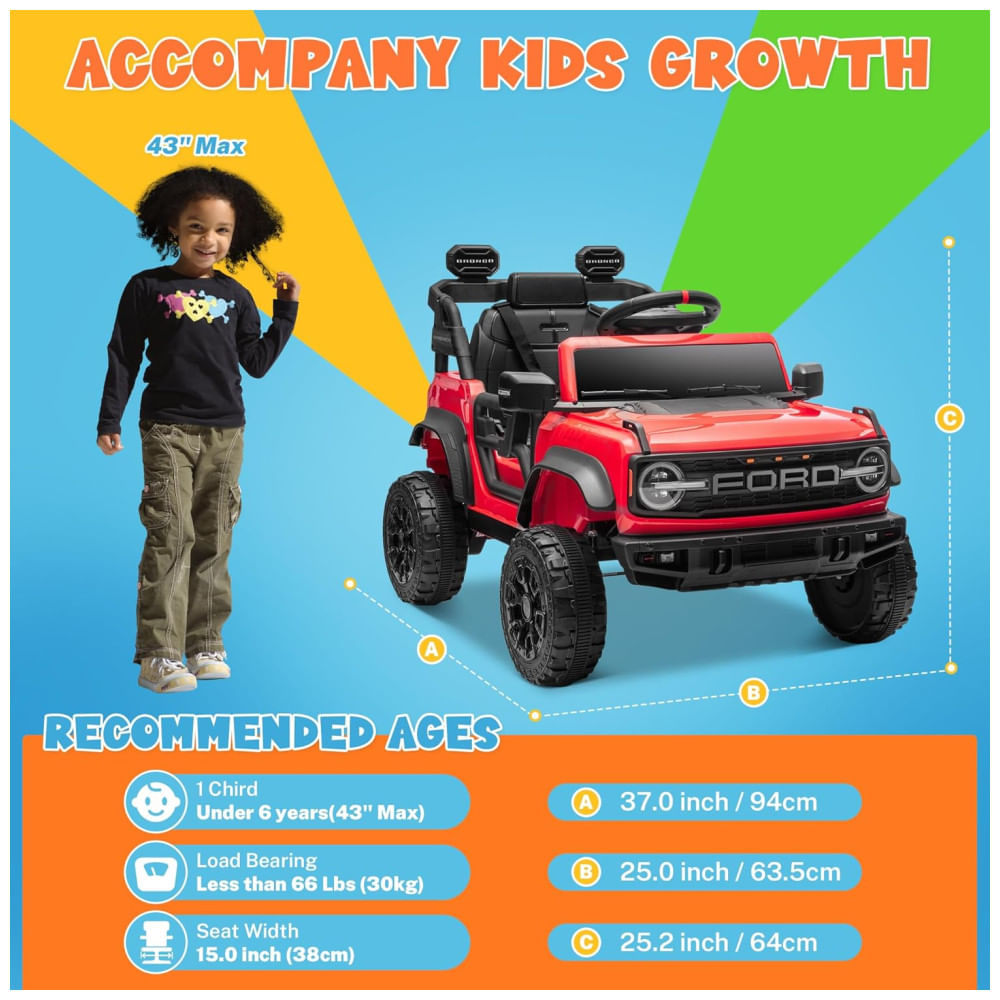 Miniatura Carro Elétrico Infantil 12V, Ford Bronco Raptor com Controle Remoto para Pais, Suspensão nas 4 Rodas, Música via Bluetooth e Luzes LED, Seizeen, 110v