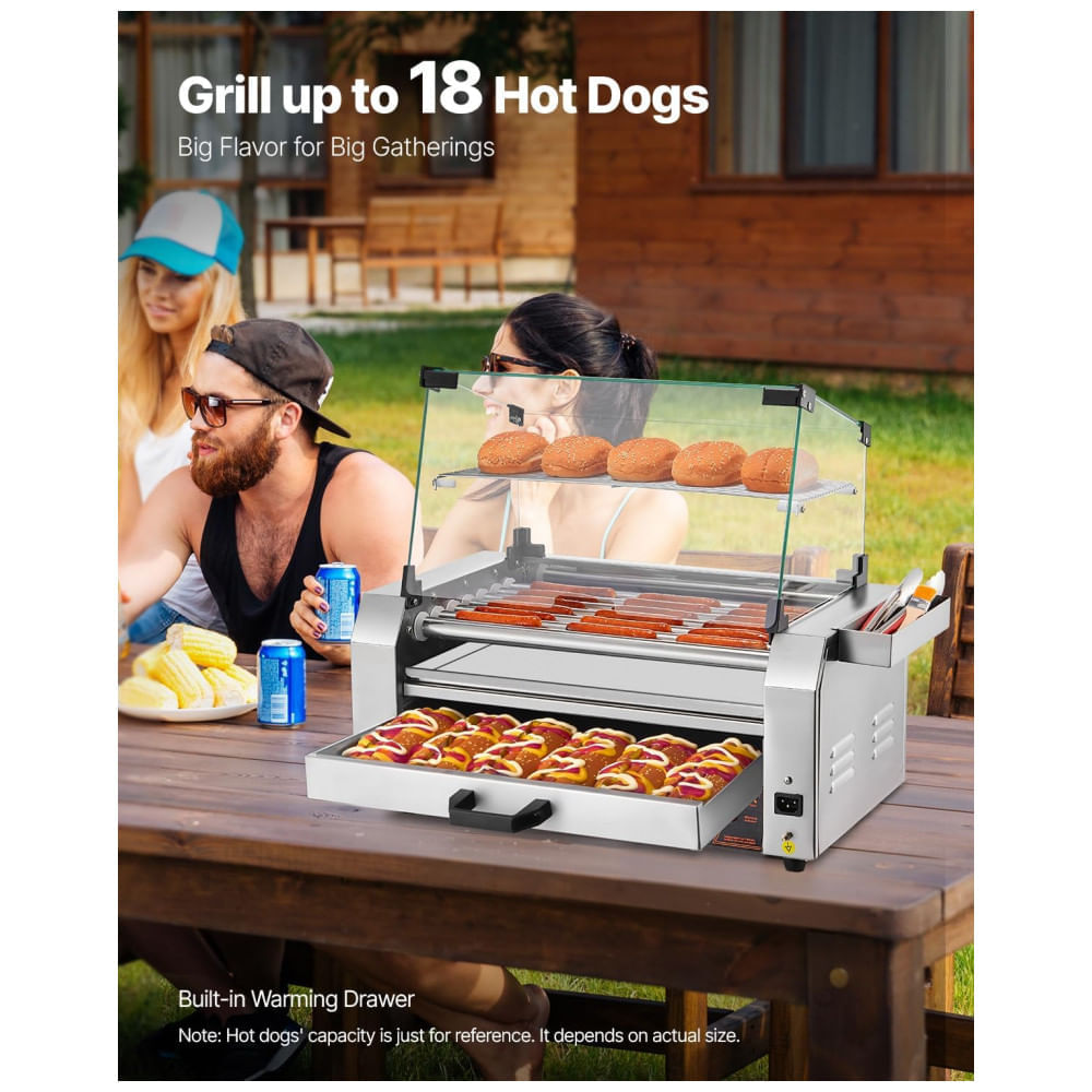 Miniatura Máquina de Cachorro-Quente VEVOR, 18 Hot Dogs em 7 Rolos, Grill de Salsichas em Aço Inoxidável, 1200W com Aquecedor de Pães, Tampa,
