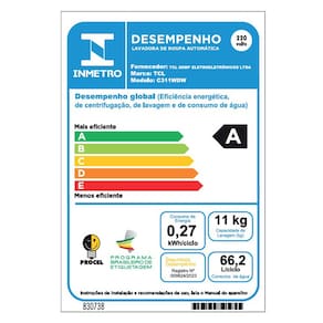 Miniatura Lava e Seca TCL 11kg/7kg com Motor BLDC Inverter e Sistema Air Wash C311WD - Branca 220V
