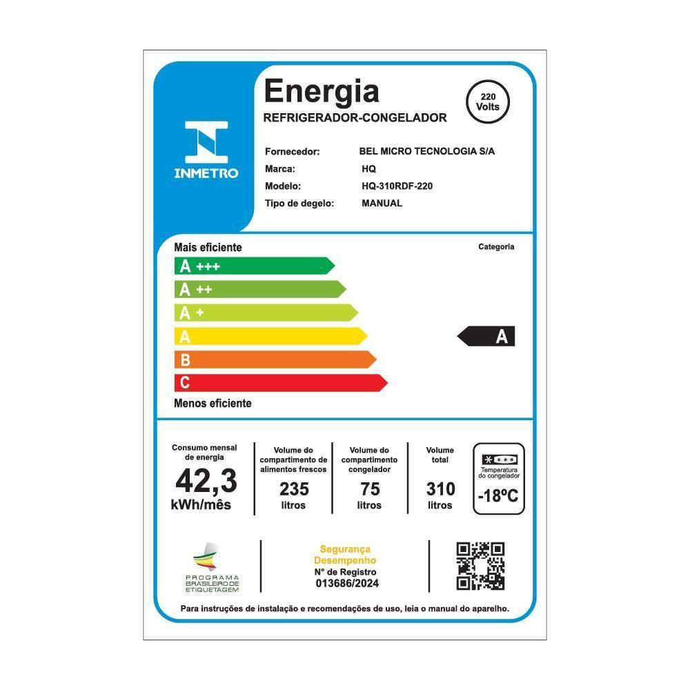 Geladeira Refrigerador HQ Defrost 310 Litros Preto/Inox HQ-310RDF 220V