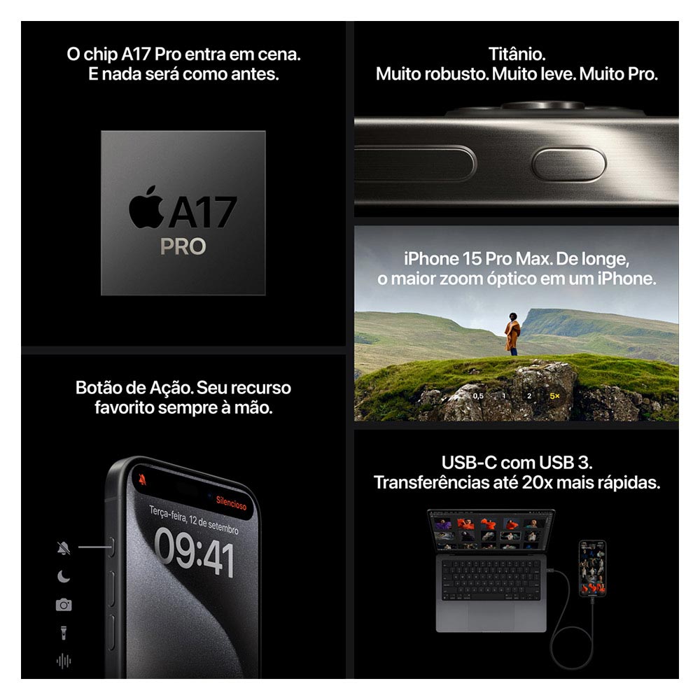 iPhone 15 Pro Max Apple (256GB) Titânio Branco, Tela de 6,7", 5G e Câmera de 48MP