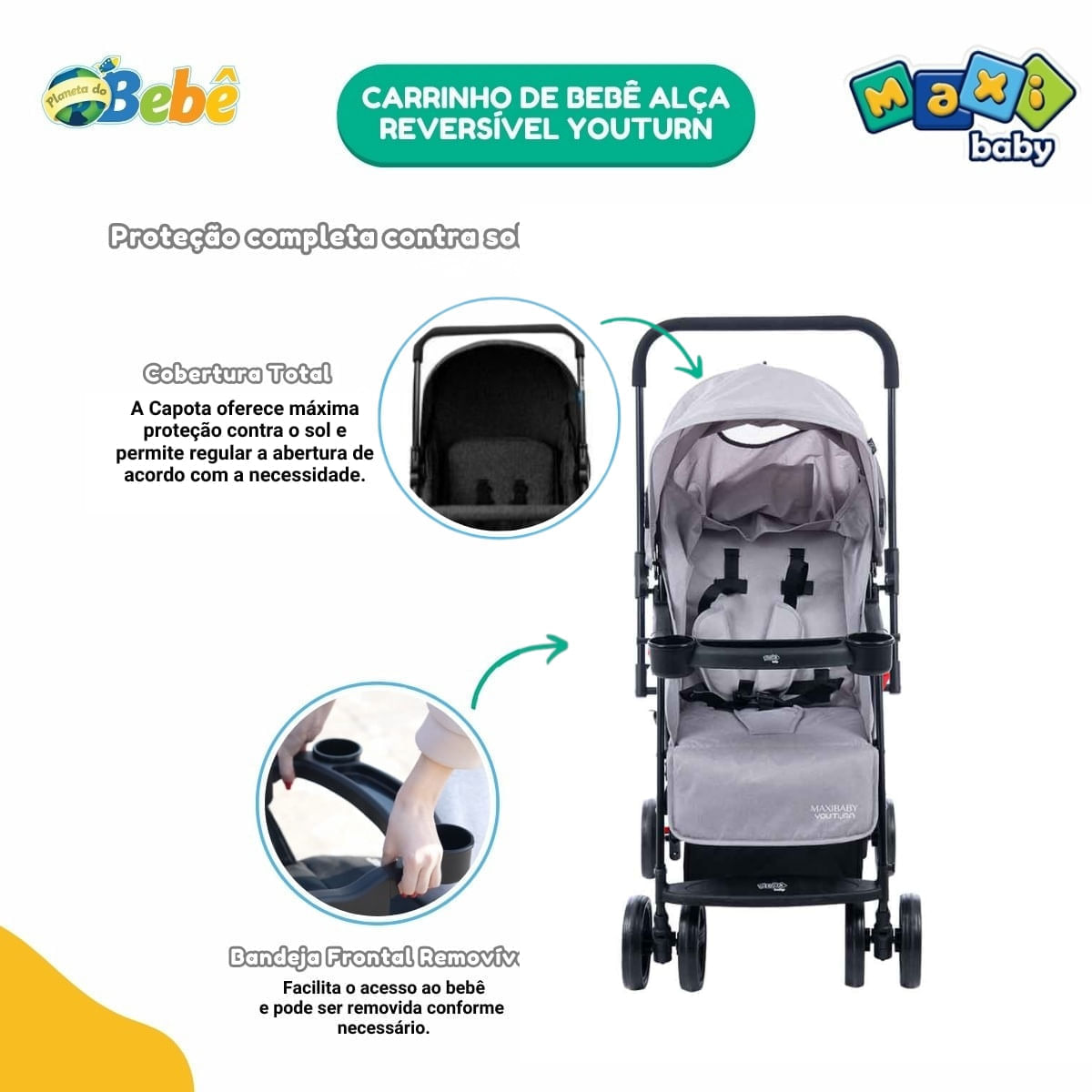 Carrinho de Bebê com Bebê Conforto 2 em 1 Youturn Maxi Baby Cinza
