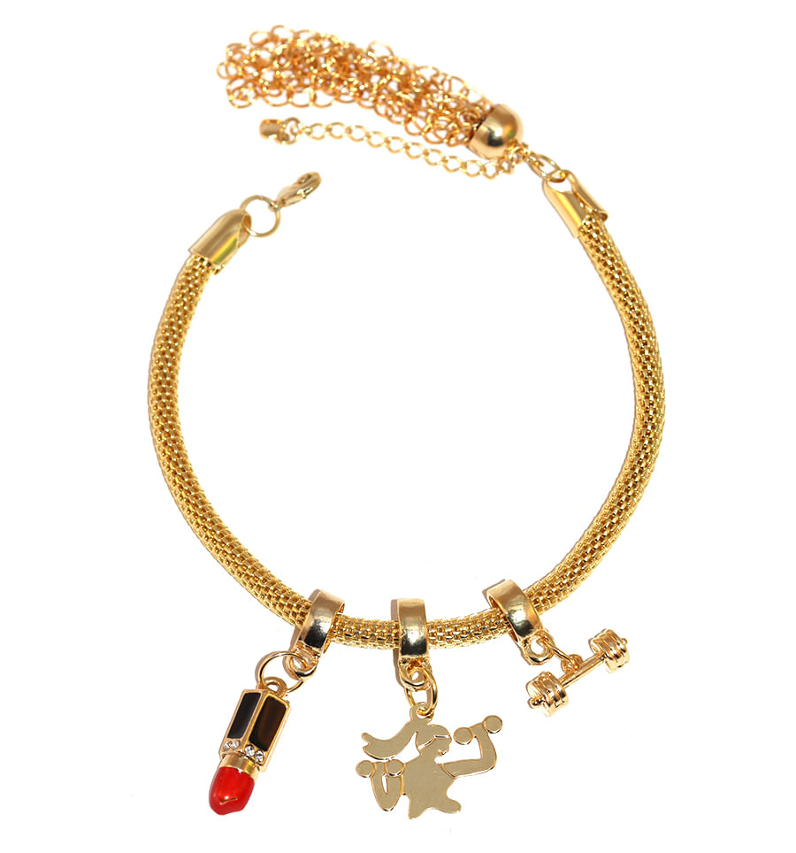 Miniatura Pulseira Berloque Musculação Halter Peso Batom Folheado 18k