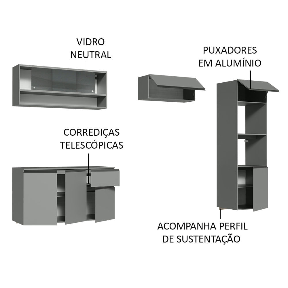 Armário de Cozinha Completa Suspenso 260cm Cinza Nice Madesa 10 Cor:Cinza