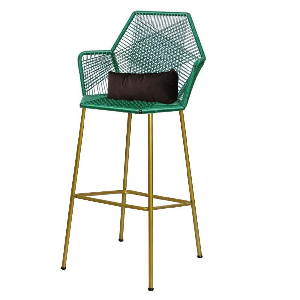 Miniatura Banqueta Alta Com Encosto Ferro Dourado Fibra Verde Almofada Marrom