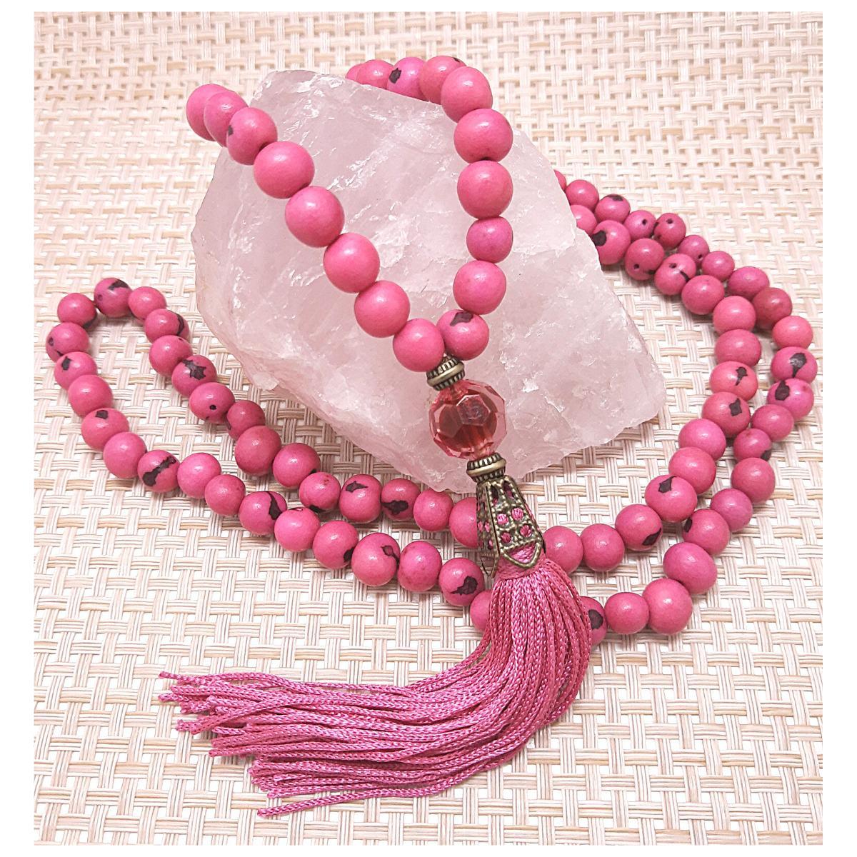 Miniatura Japamala 108 Contas De Sementes De Açai Cor Rosa Pink Hooponopono