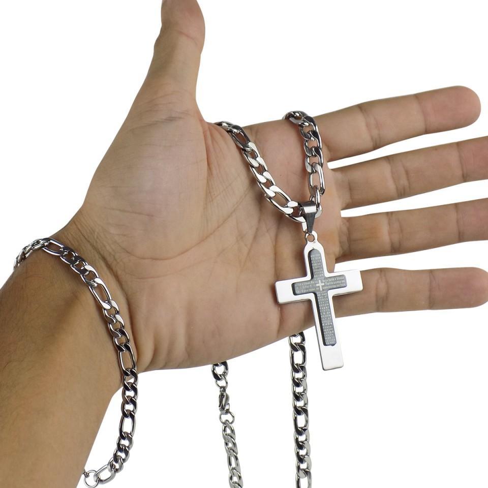 Miniatura Kit Masculino Colar Crucifixo Aço Inox  +
