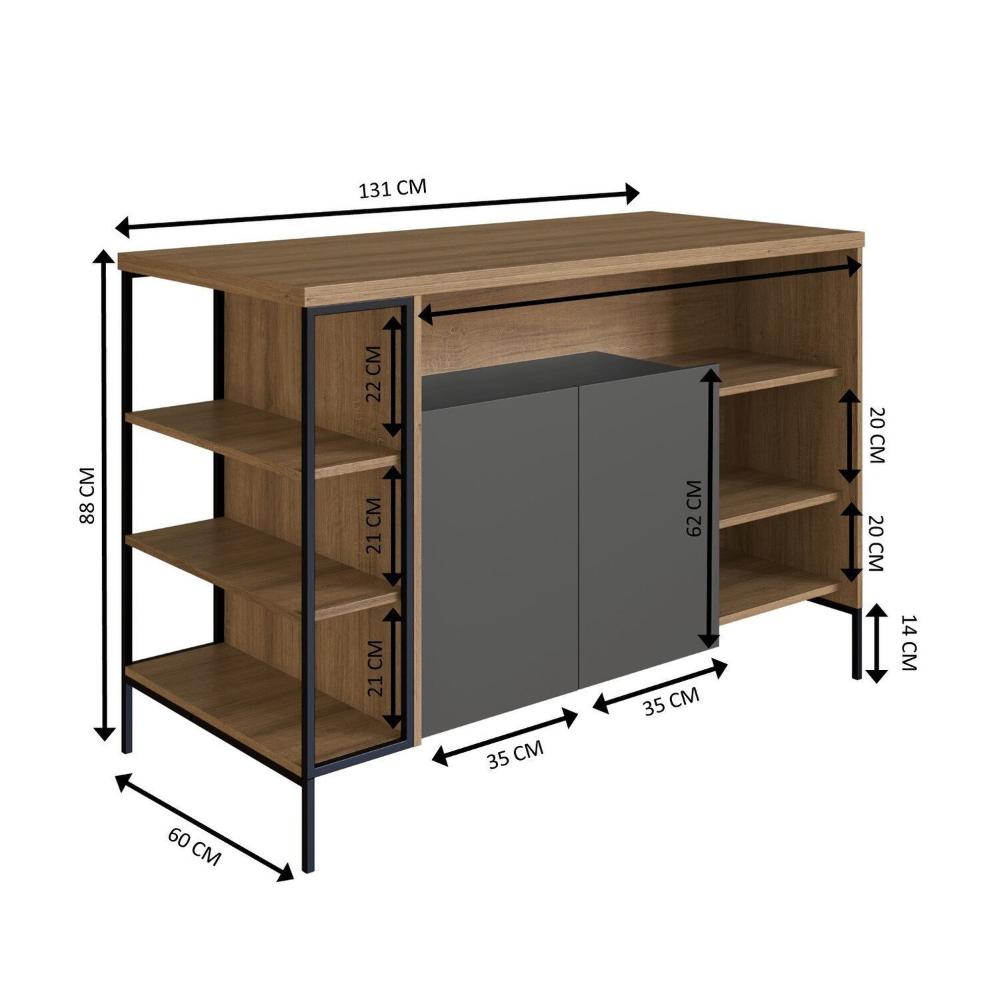 Miniatura Mesa Bancada Gourmet Estilo Industrial 131cm com Armario 2 Portas Preto/Mel/ Grafite