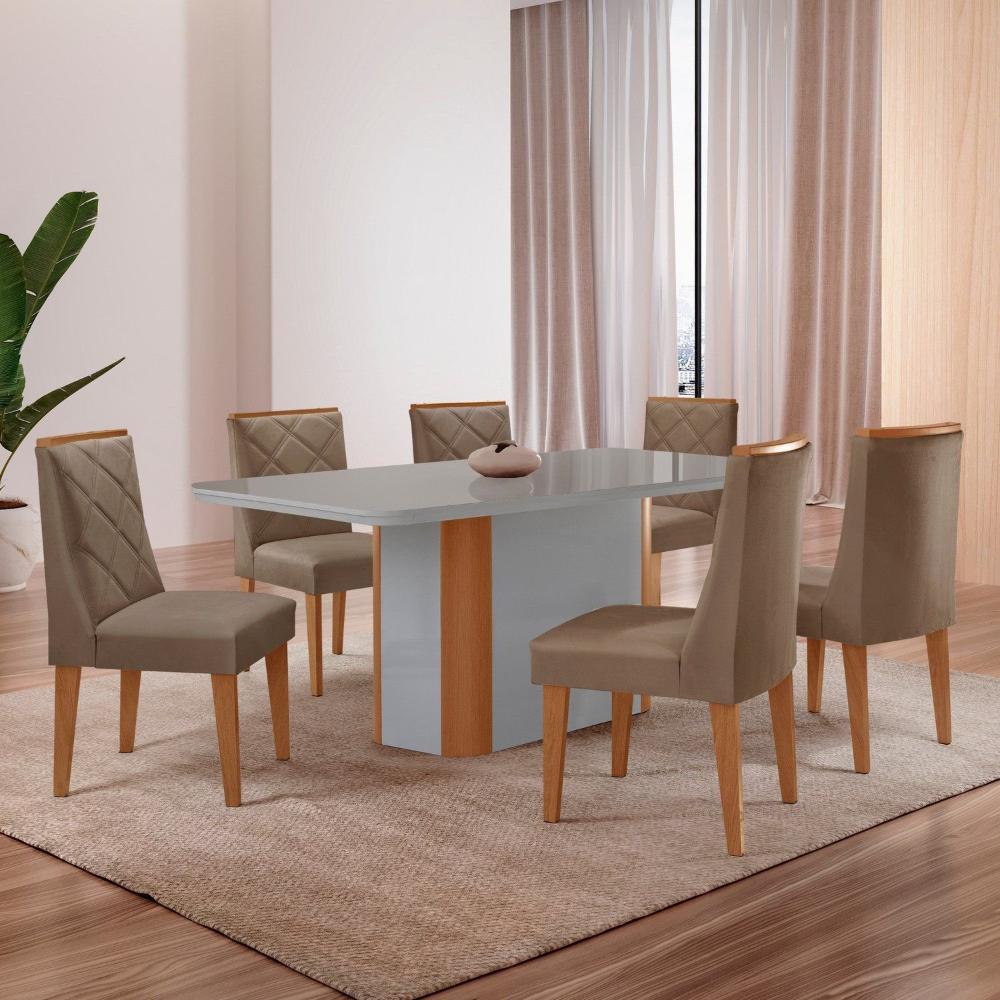 Miniatura Mesa 180cm Tampo Mdf/vidro Canto Copo 6 Cadeiras Ester Capuccino/Naturalle/Off White