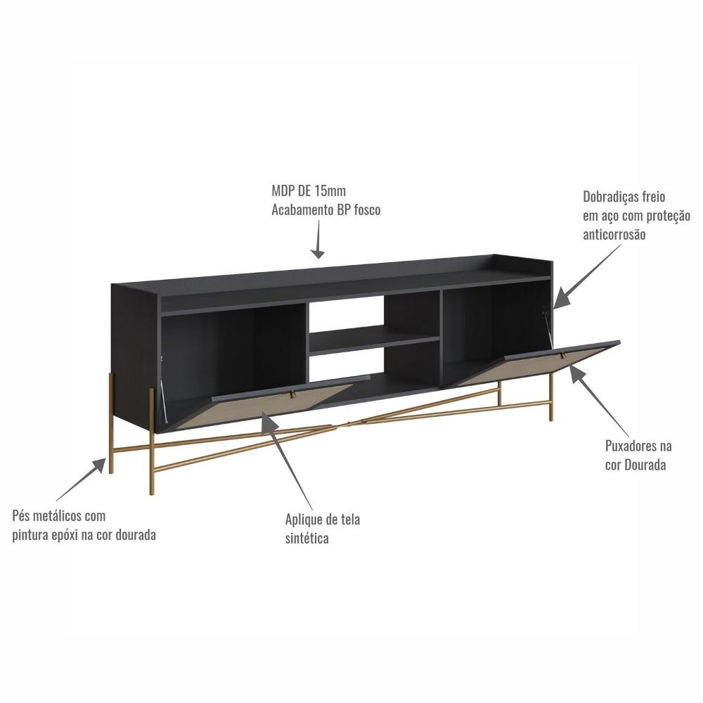 Miniatura Rack para TV 65 Polegadas 2 Portas 183cm Palhinha Pé Metal  Oslo Nero/Dourado
