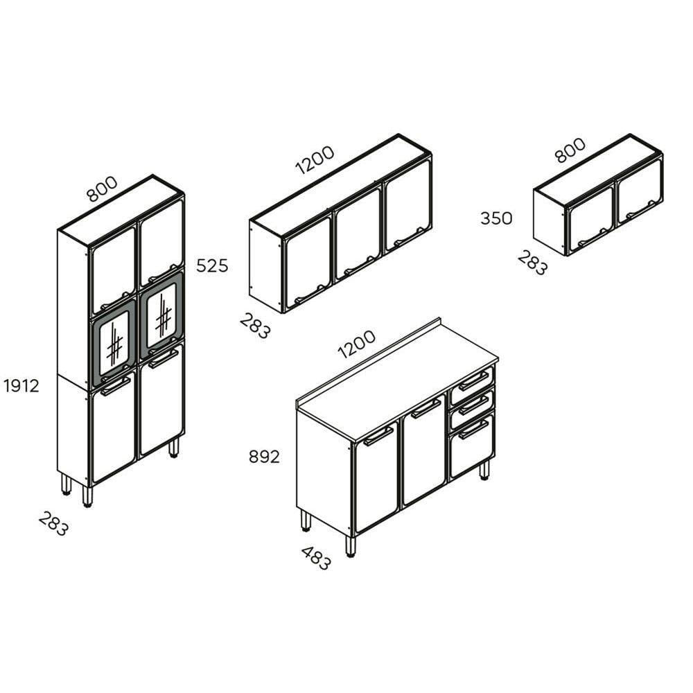 Miniatura Cozinha Modulada Estilo 4 Peças (2 Armários + 1 Balcão + 1 Paneleiro) C4p107 Cinza/grafite