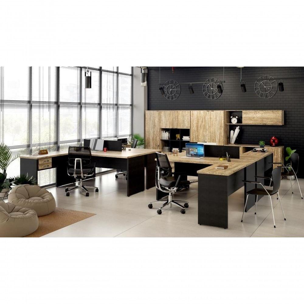 Miniatura Mesa Para Escritório Em L 1,80x1,60m Tampo E Pés 30mm Com Gaveta Nogal Compreto Ônix