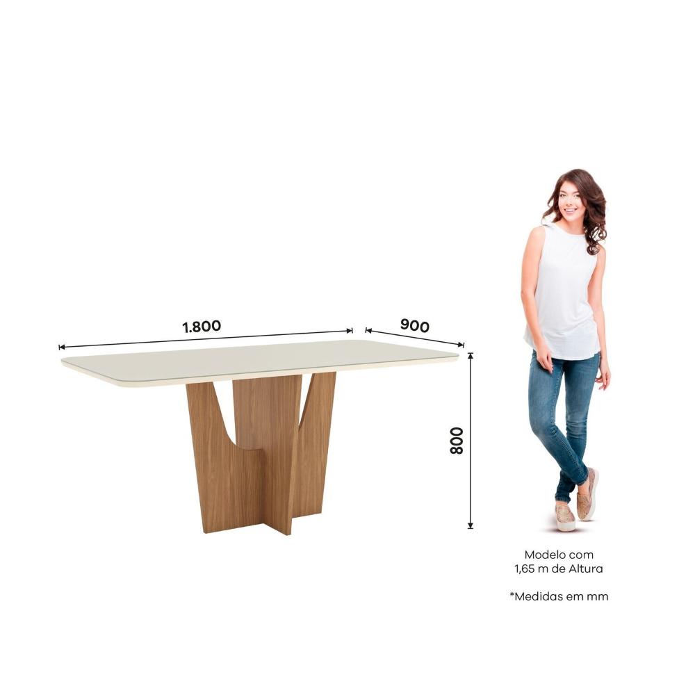 Miniatura Mesa de Jantar com Tampo Mdf com Vidro Canto Arredondado 180 Cm Vértice Nature/Off White