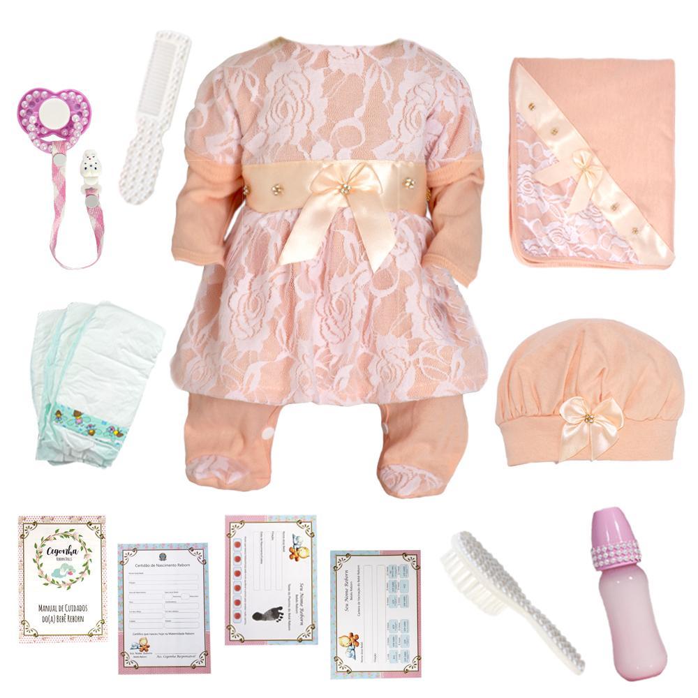 Miniatura Boneca Bebê Reborn 100% Silicone Cabelos Castanhos 13 Itens