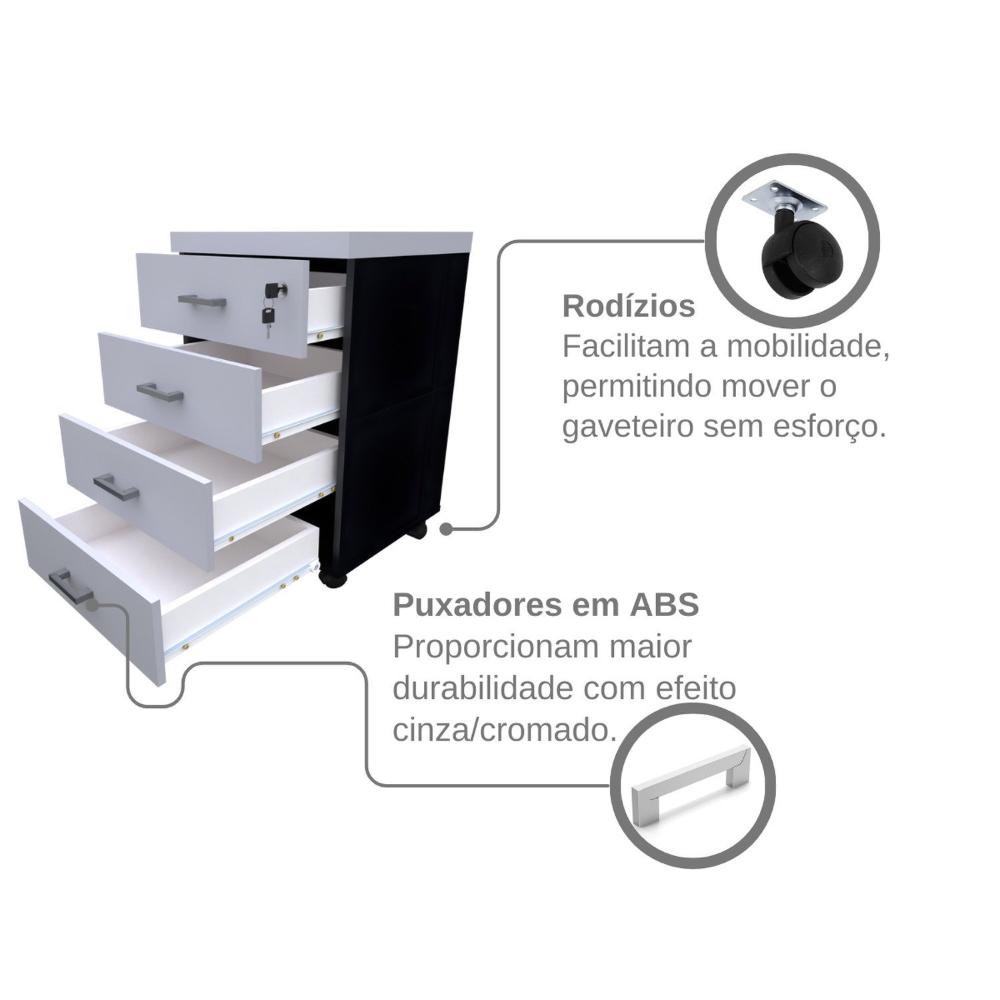 Gaveteiro Volante com 4 Gavetas para Escritório ou Home Office Preto/Cinza Cristal