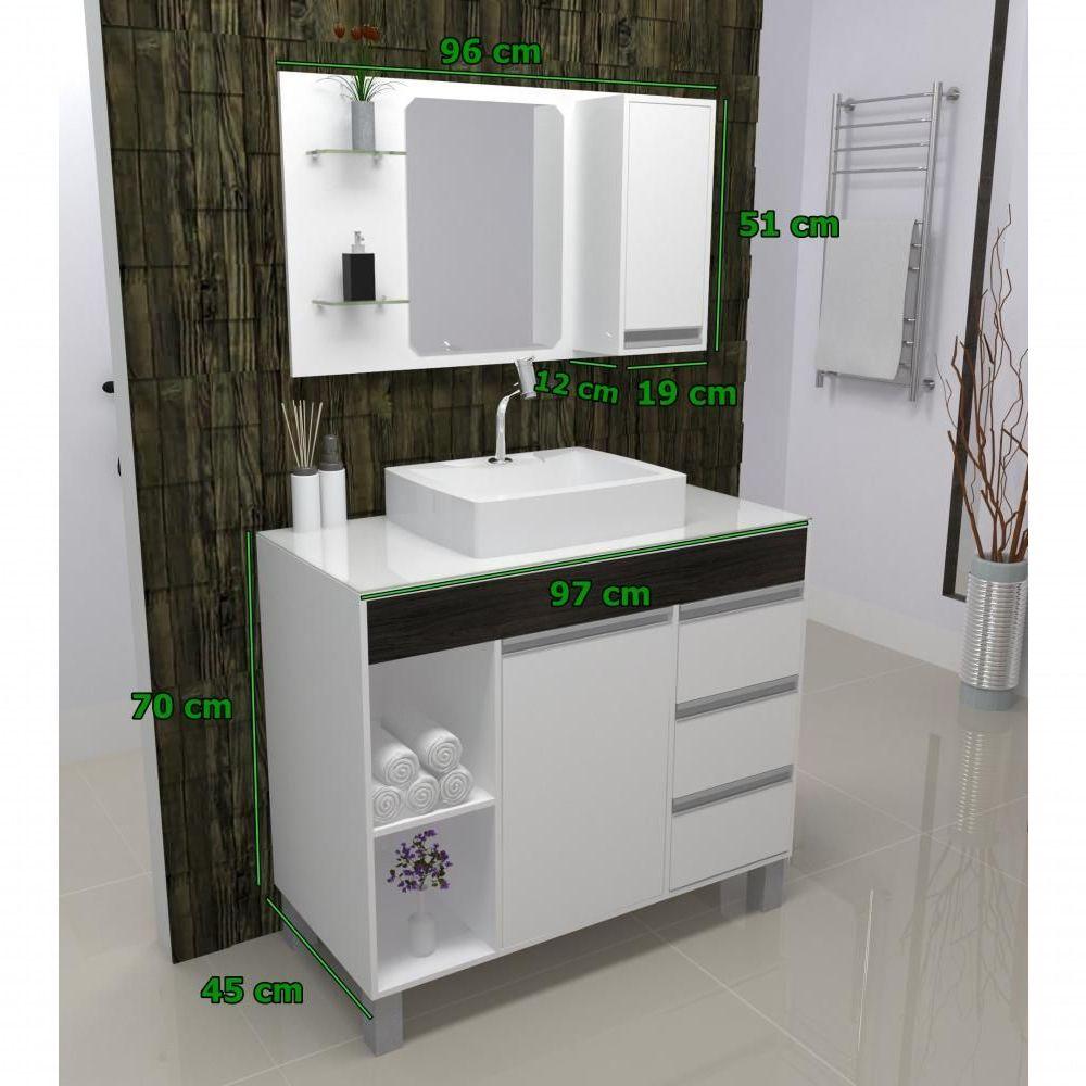 Armário Para Banheiro/ Lavabo Fit Supreme 97 Cm Branco Com ébano C/cuba + Espelheira Com Espelho + Torneira E Válvula