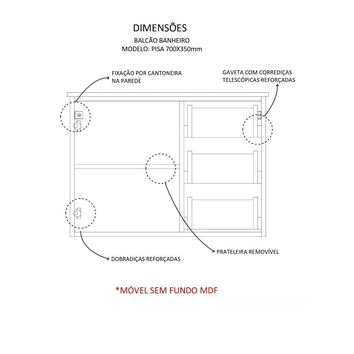 Balcão Banheiro Mdf - Abrazzo 70Cm 3 Gavetas - Com Cuba